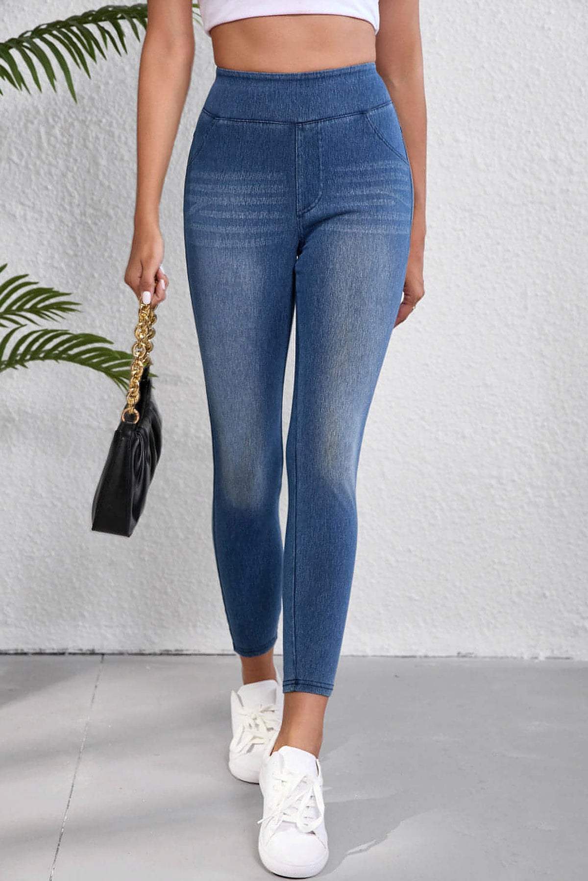 Navy Blue Skinny Elastic Waist Ankle Length Mid Waist Jeggings with Pockets - enhanced image 1