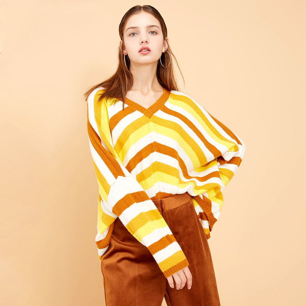 New striped stitching loose V-neck sweater women - enhanced image 1