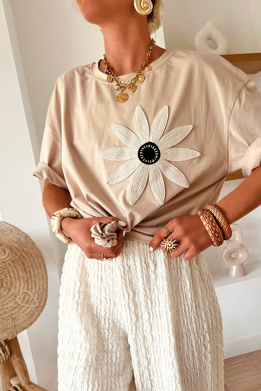 Oatmeal Contrast Crochet Floral Graphic Drop Shoulder Loose Tee - enhanced image 1