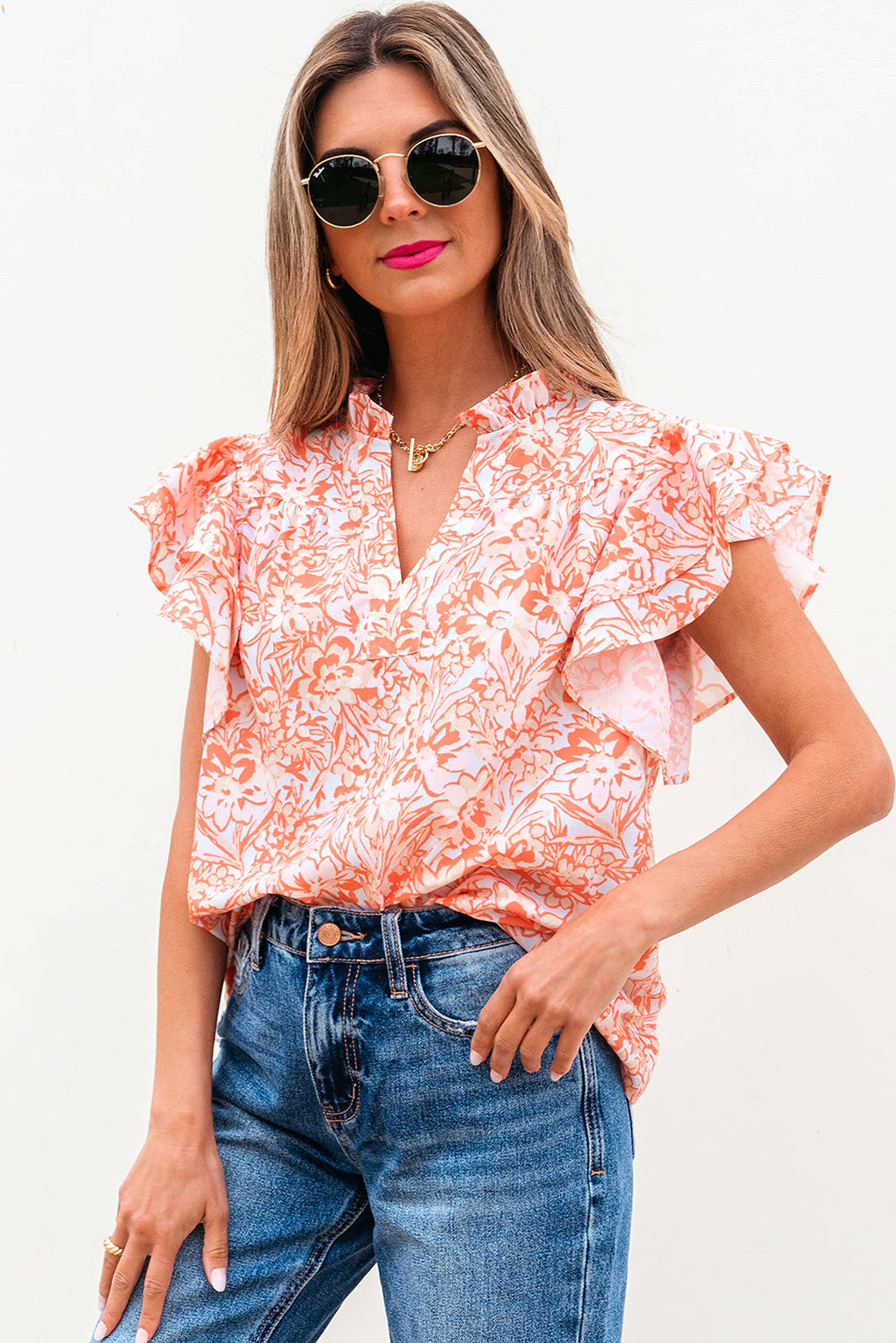 Orange Floral Ruffle Sleeve Split Neck Blouse - enhanced image 1