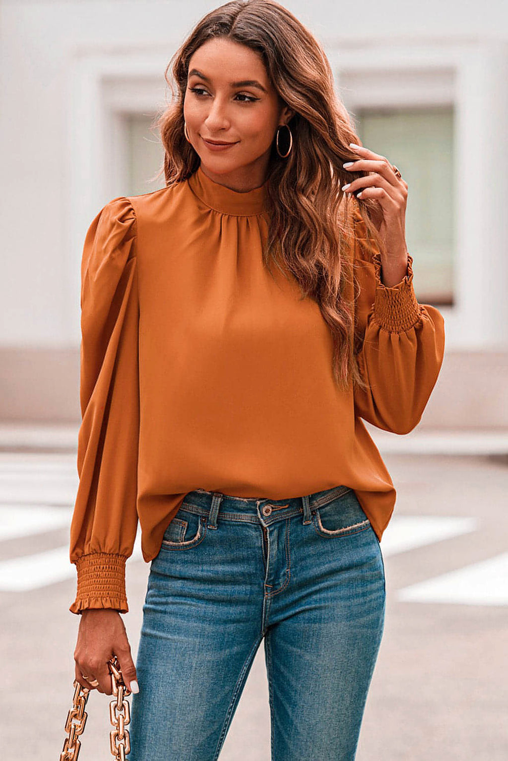 Orange Long Bubble Sleeve Mock Neck Chiffon Blouse - enhanced image 1