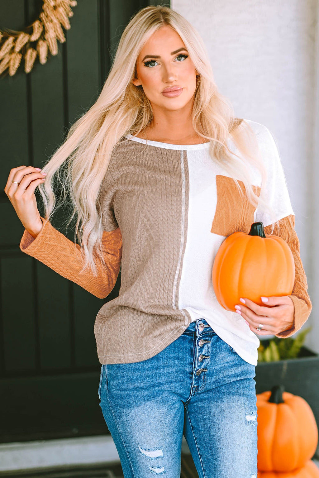 Orange Long Sleeve Colorblock Chest Pocket Textured Knit Top - enhanced image 1