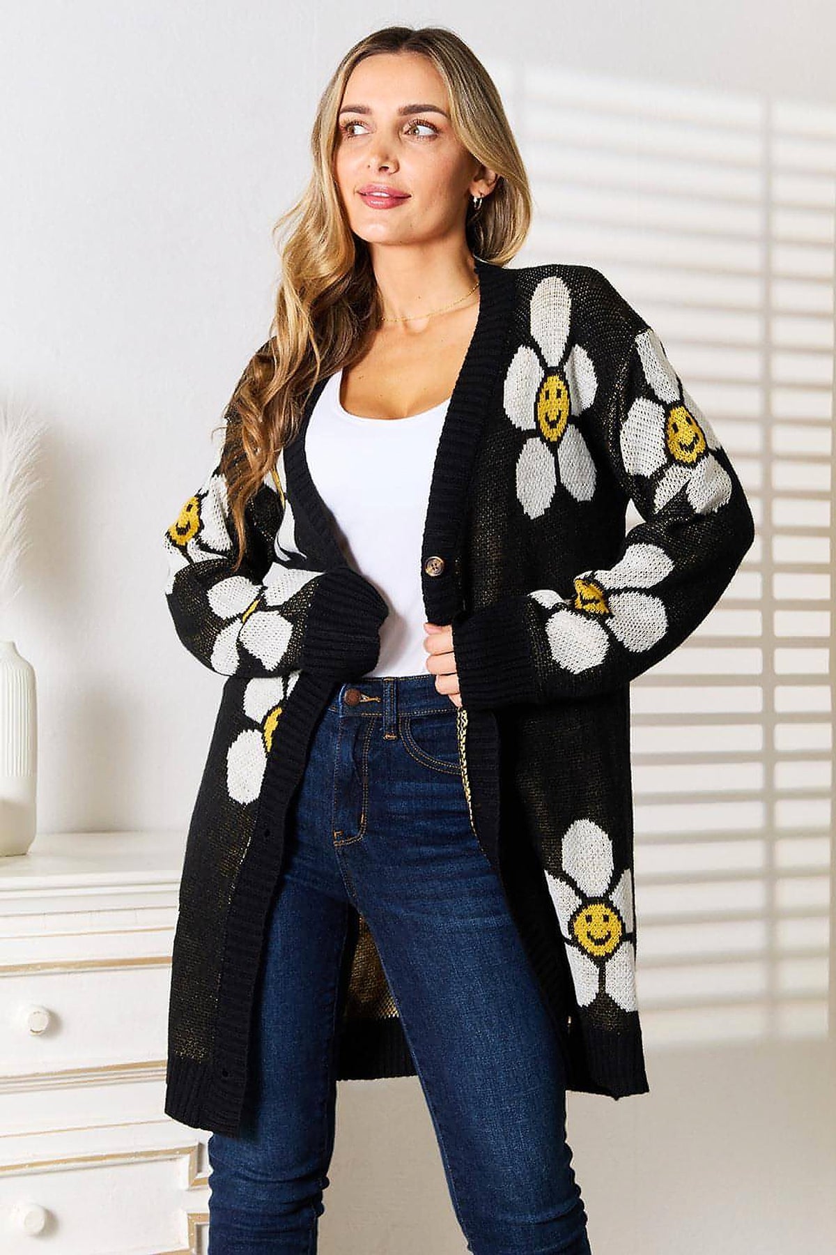 Perfee Floral Button Down Longline Cardigan - enhanced image 1