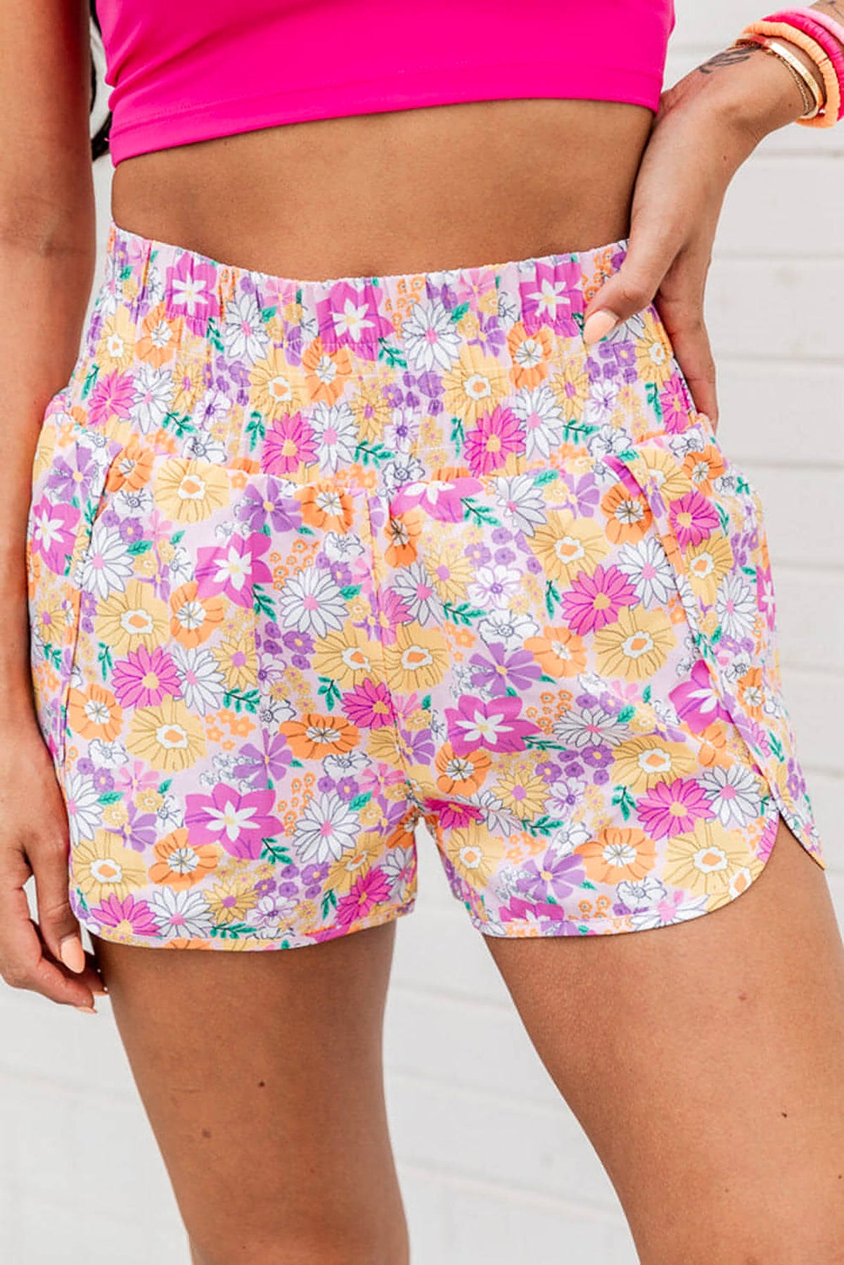 Pink Boho Floral Shirred High Waist Casual Shorts - enhanced image 1