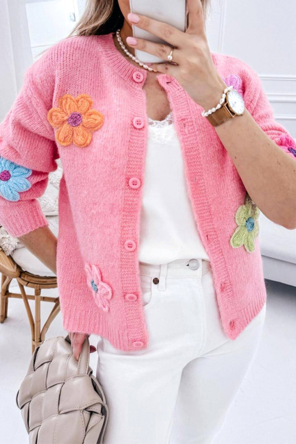 Pink Cute Knitted Floral Pattern Button Up Cardigan - enhanced image 1