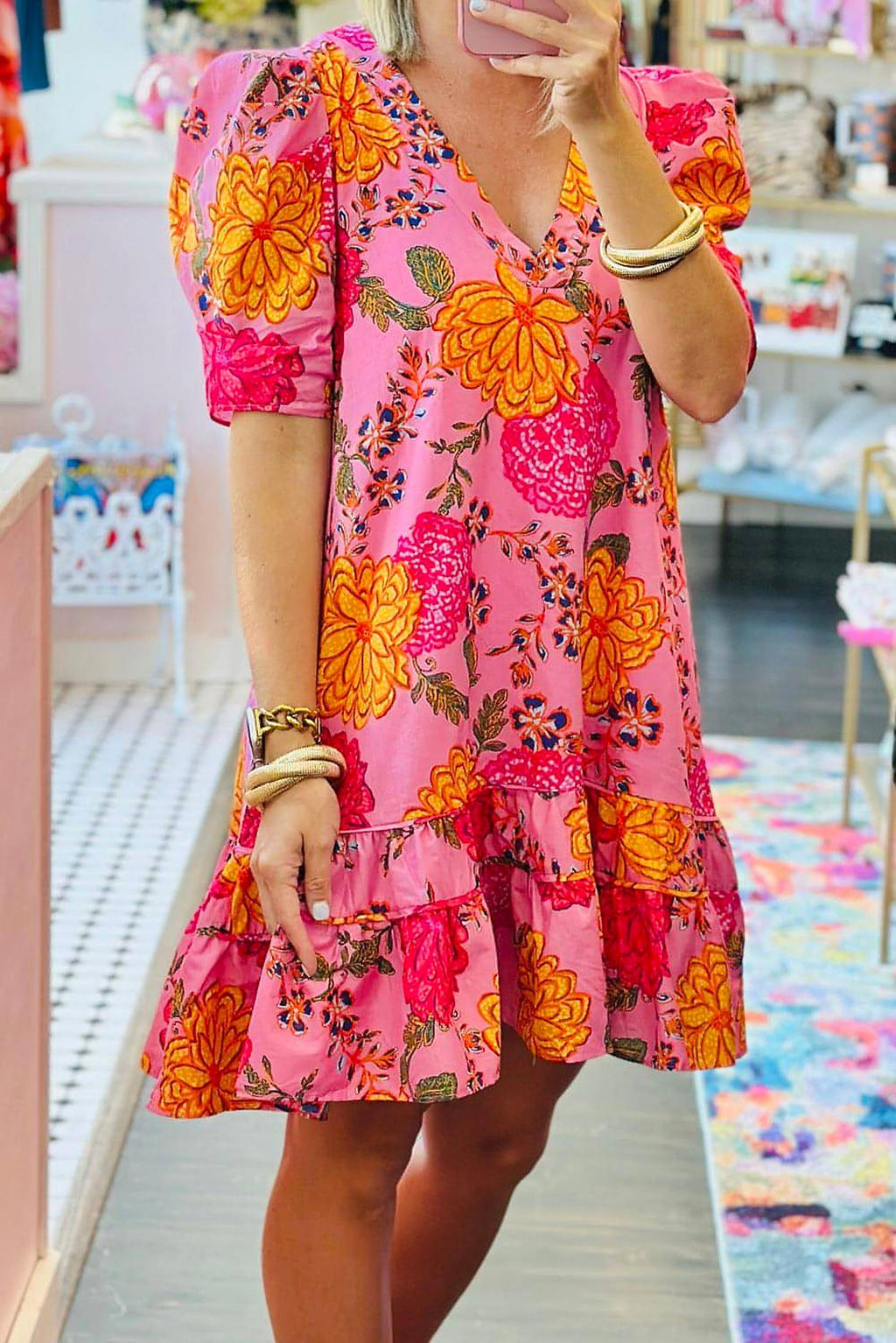 Pink Floral Bubble Sleeve V Neck Ruffled Mini Dress - enhanced image 1