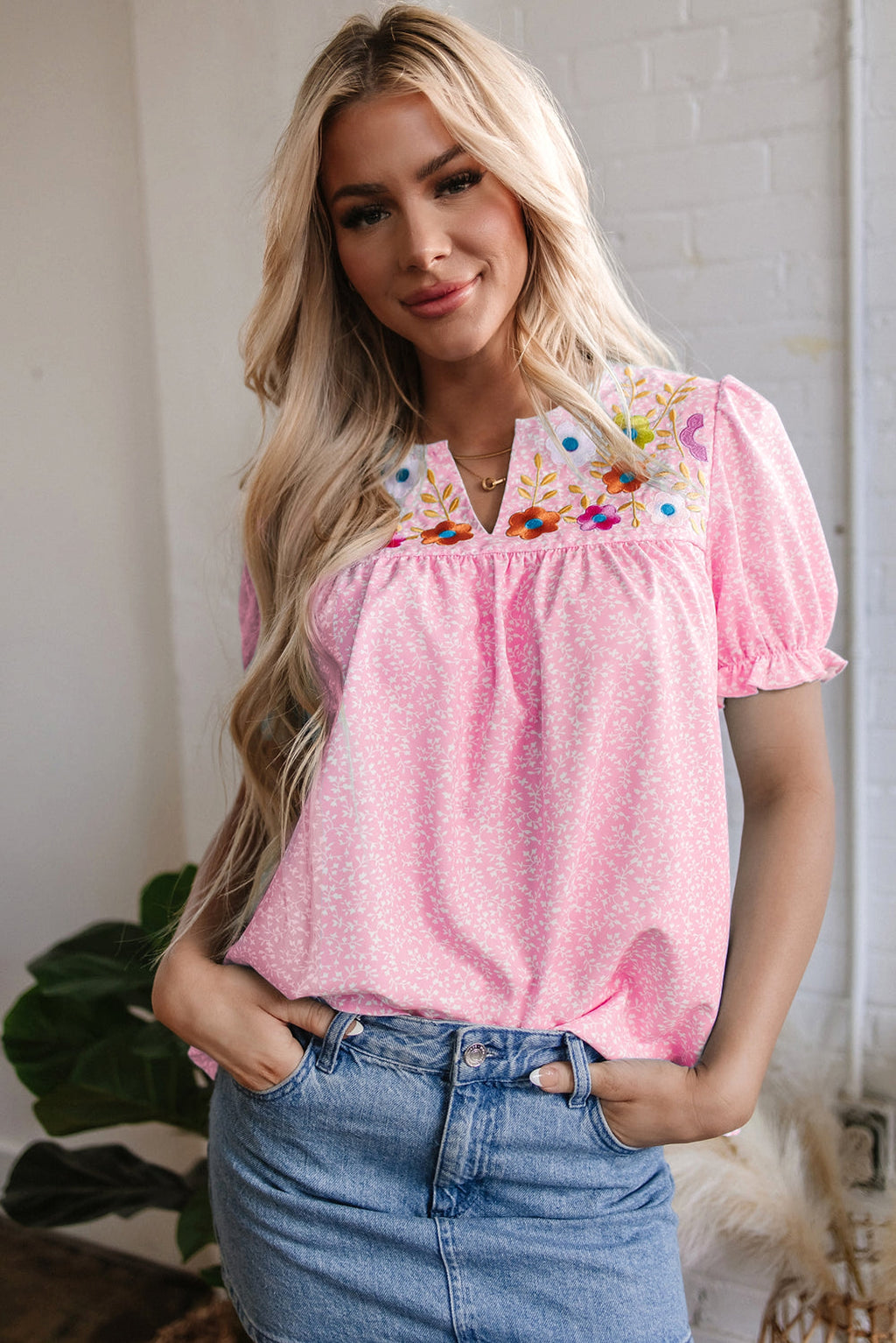 Pink Floral Embroidered Puff Sleeve Notched V Neck Blouse - enhanced image 1