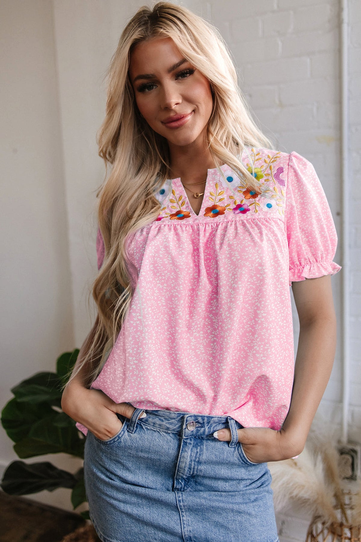 Pink Floral Embroidered Puff Sleeve Notched V Neck Blouse - enhanced image 1