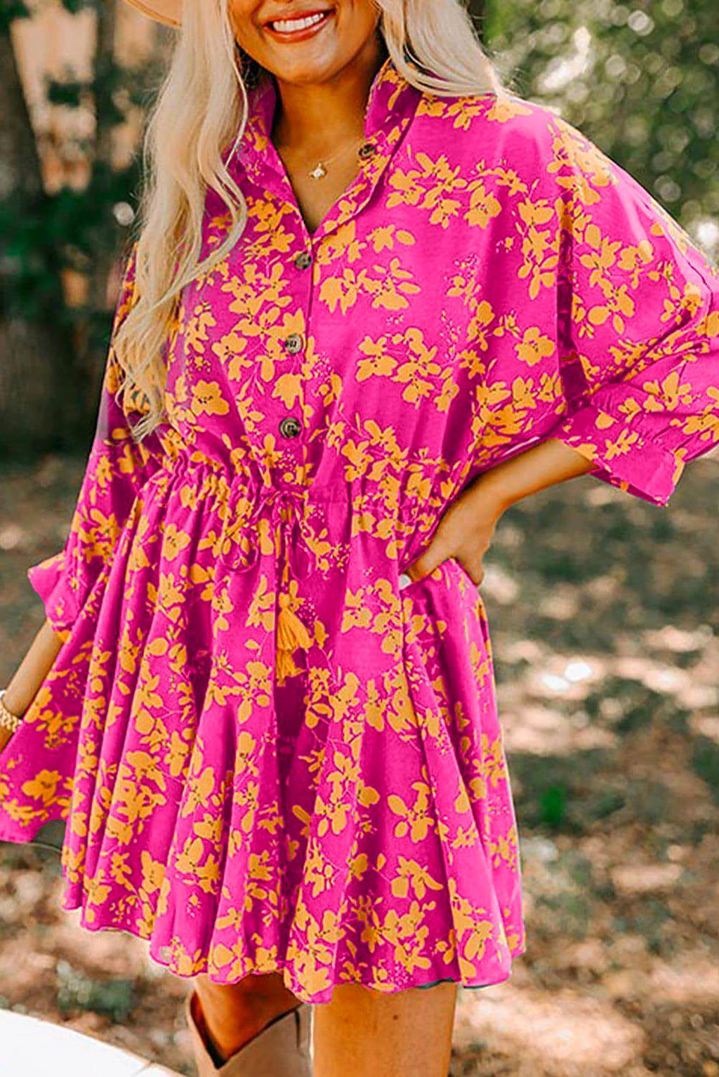 Pink Floral Print Drawstring Tunic Flowy Short Dress - enhanced image 1