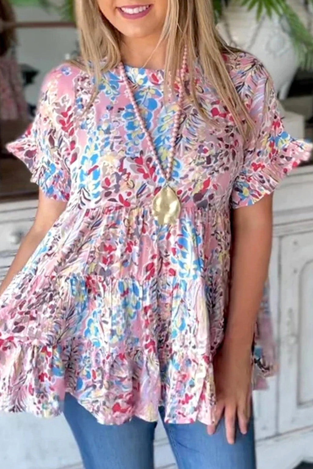 Pink Floral Print Ruffle Sleeve Babydoll Top - enhanced image 1