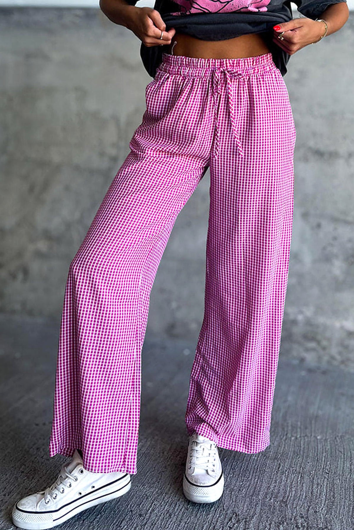Pink Plaid Print Drawstring High Waist Wide Leg Casual Pants - enhanced image 1