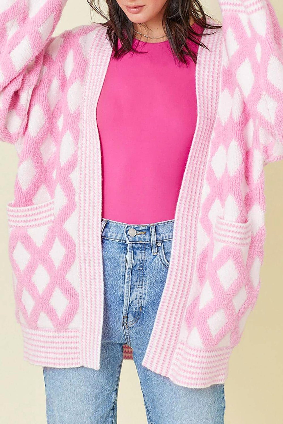 Pink Rhombus Pattern Knit Open Front Pocketed Cardigans - enhanced image 1