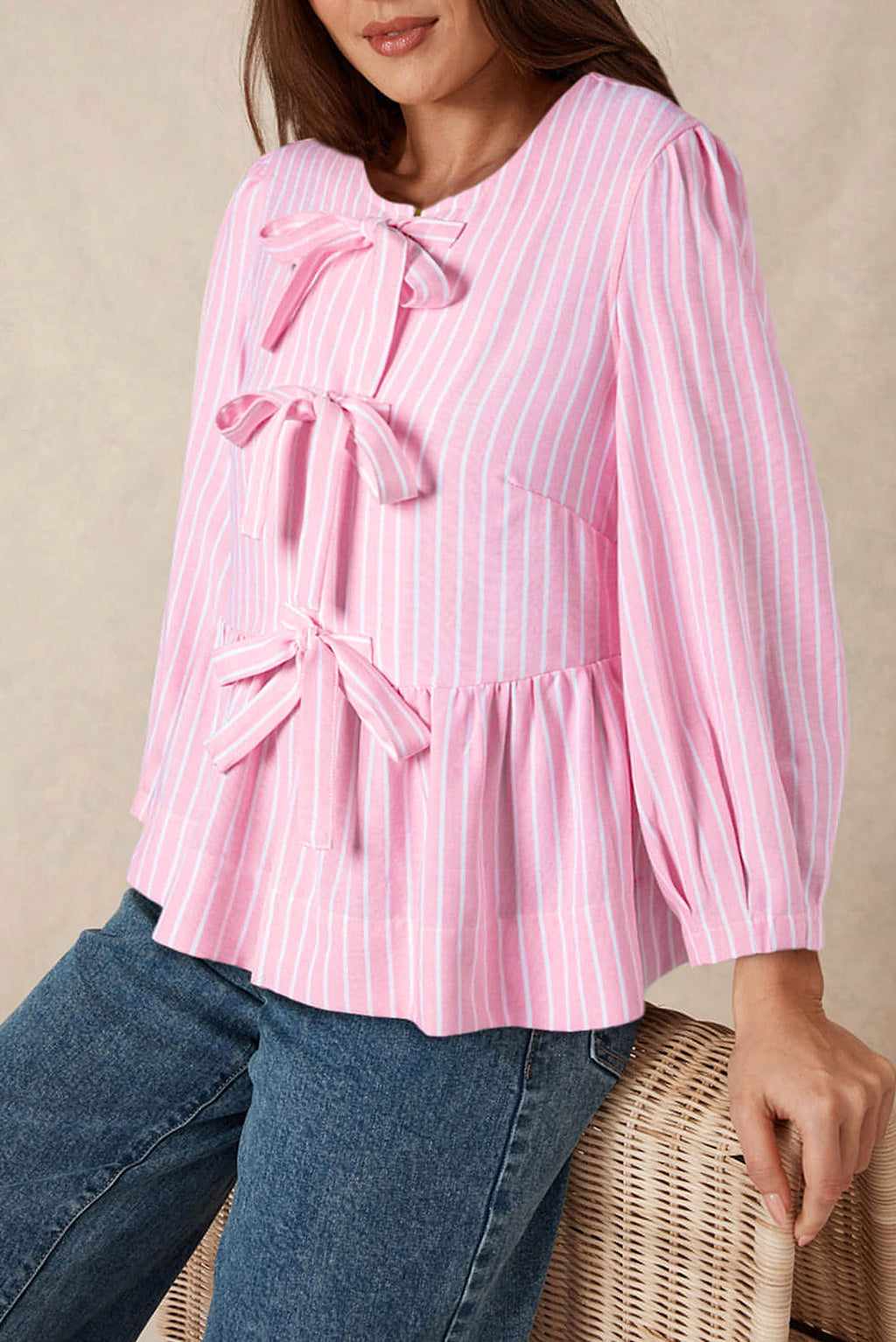 Pink Stripe Bowknot Front Crew Neck Puff Sleeve Blouse - enhanced image 1