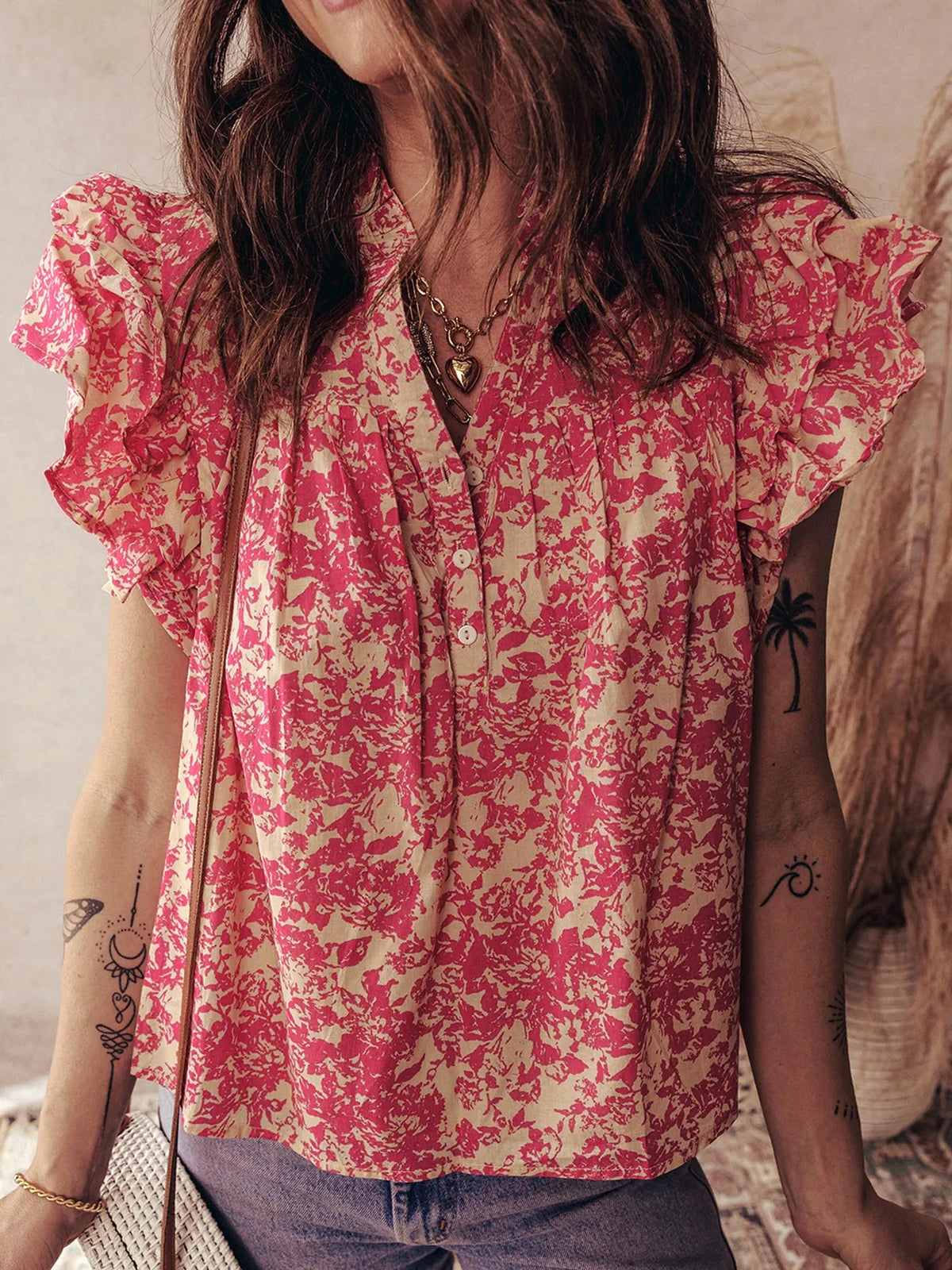 Printed Half Button Neck Ruffle Sleeve Blouse - enhanced image 1