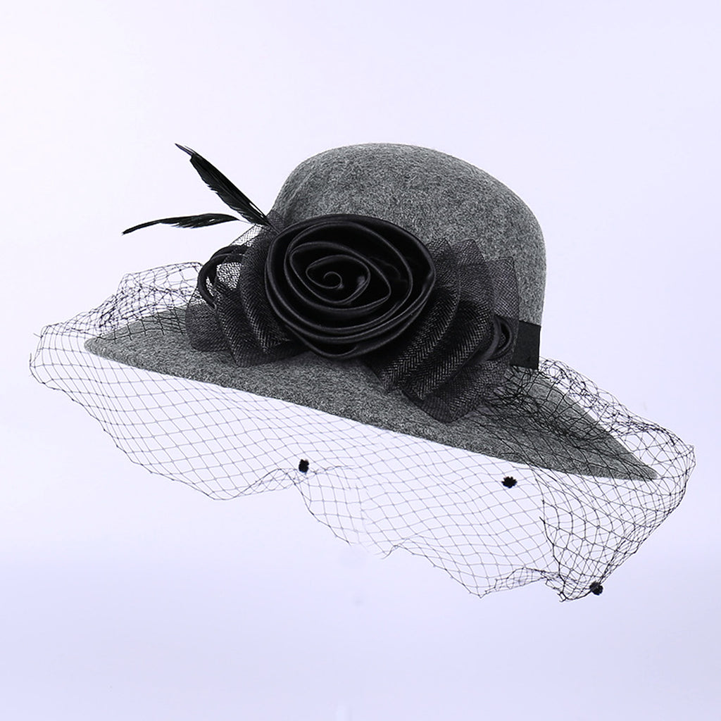 Pure Wool Ladies Banquet Lace Mesh Flower Big Brim Fisherman Hat - enhanced image 1