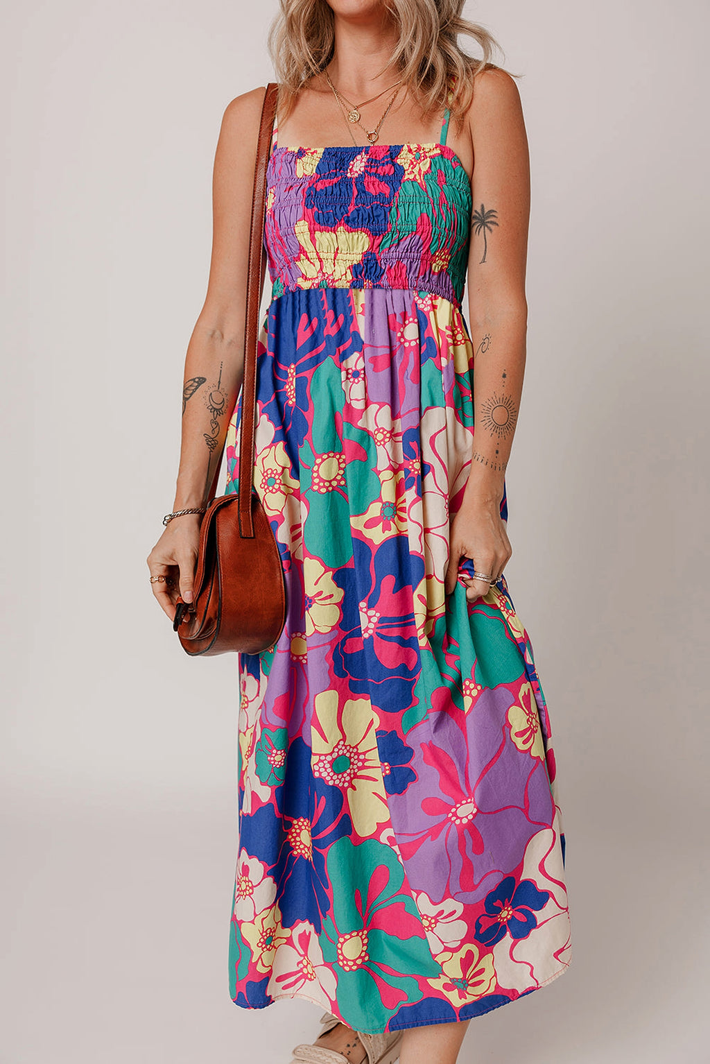 Purple Floral Print Shirred Spaghetti Strap Loose Maxi Dress - enhanced image 1