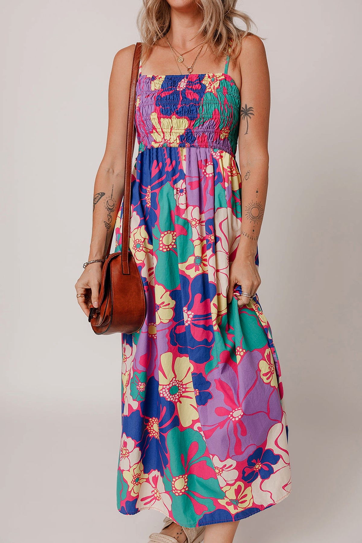 Purple Floral Print Shirred Spaghetti Strap Loose Maxi Dress - enhanced image 1