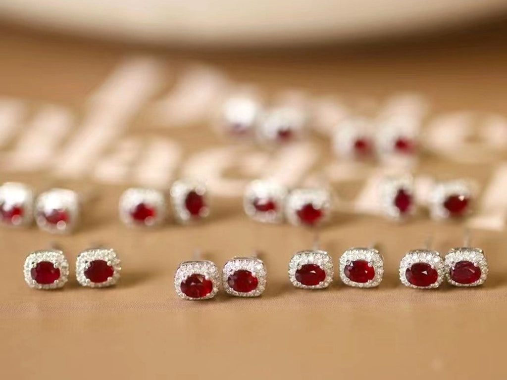 Real Gold Natural Ruby Diamond Stud Earrings Pigeon Blood Red Color - enhanced image 1