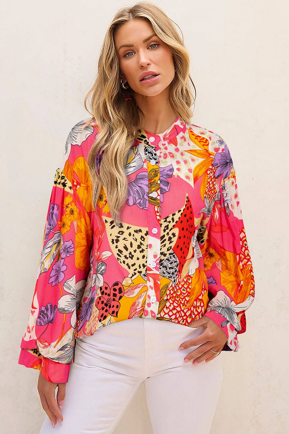 Red Abstract Floral Print Buttoned Ruffled Bubble Sleeve Shirt - enhanced image 1