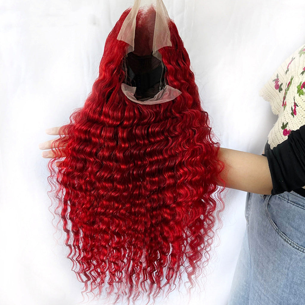Red Deep Wave Human Hair Wig Real Headgear - enhanced image 1