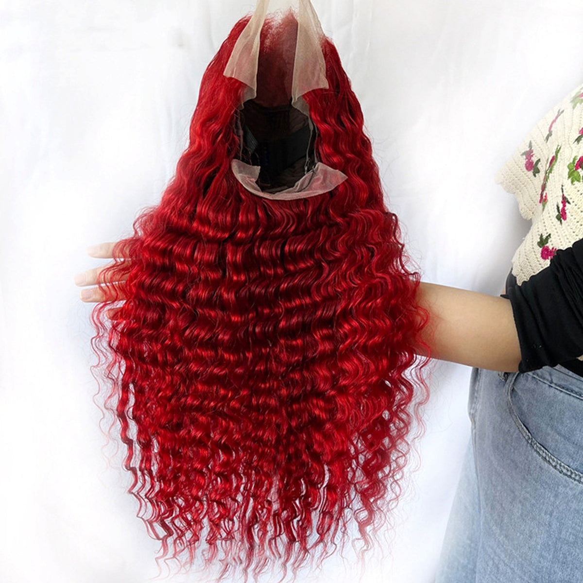 Red Deep Wave Human Hair Wig Real Headgear - enhanced image 1