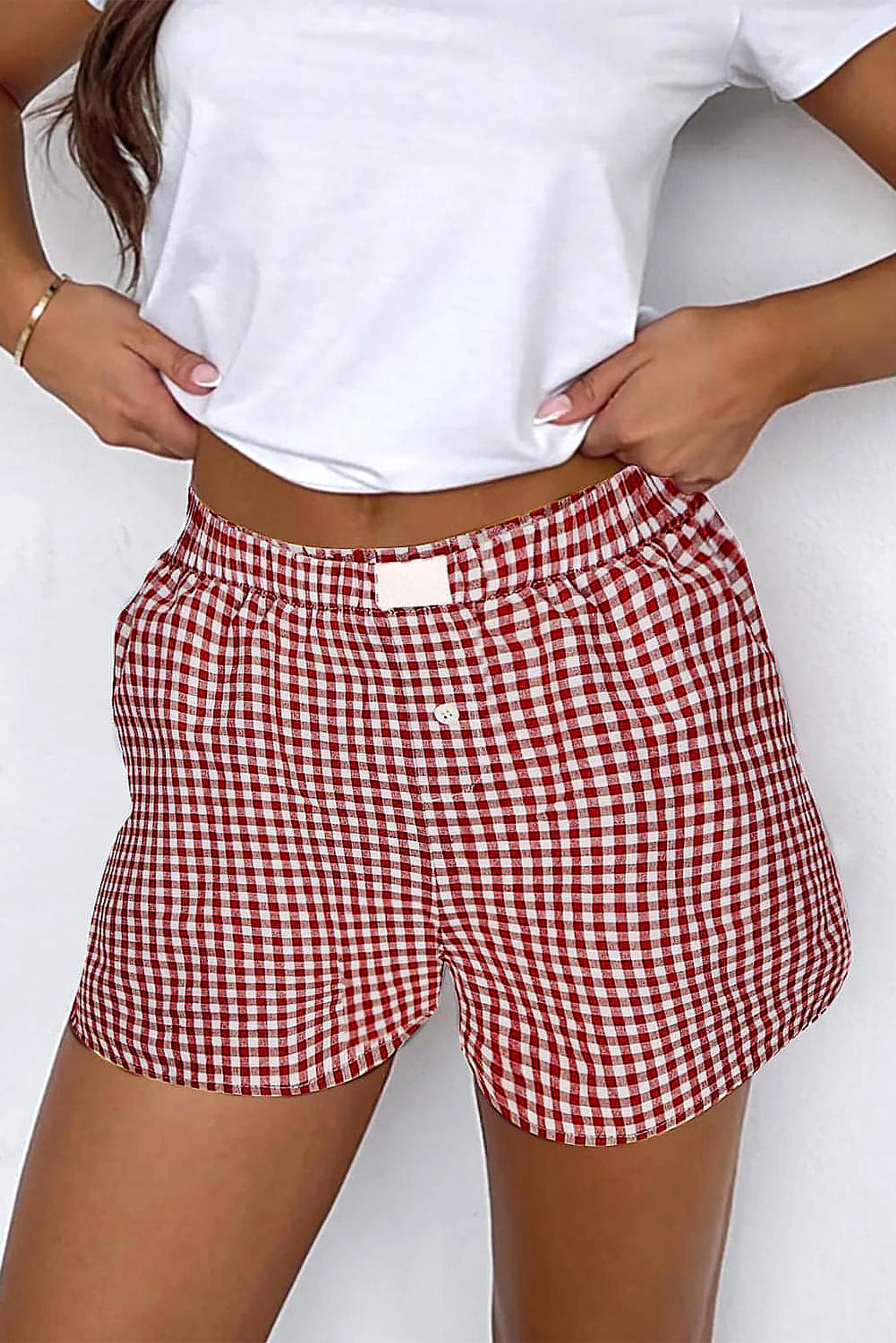 Red Plaid Gingham Printed High Waist Shorts - enhanced image 1
