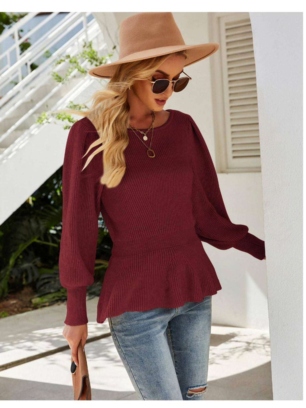 Ribbed Round Neck Lantern Sleeve Sweater - enhanced image 1