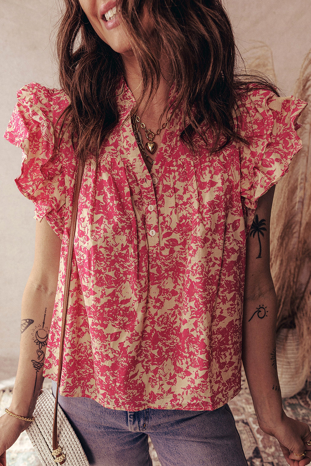 Rose Allover Printed Half Button Neck Ruffle Sleeve Blouse - enhanced image 1