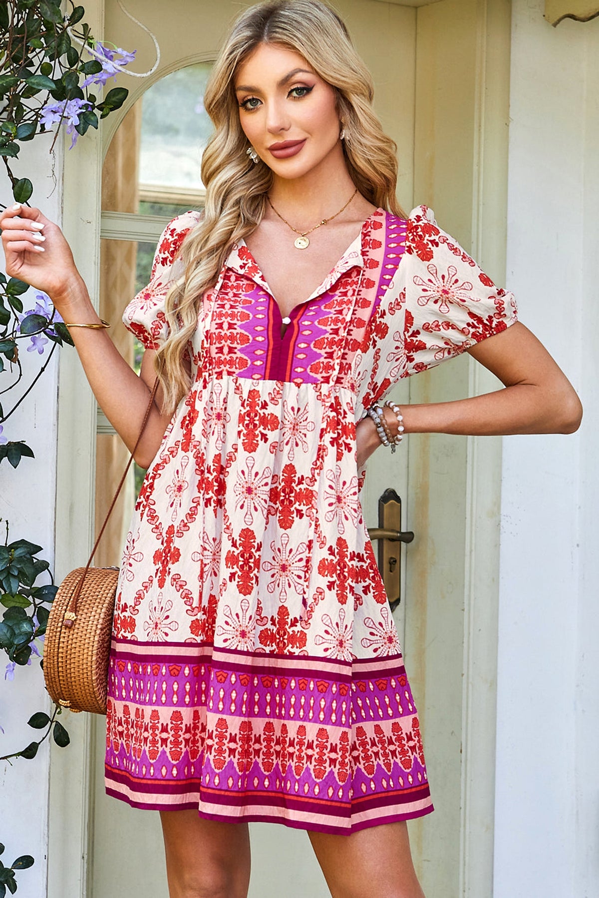 Rose Boho Floral Short Sleeve Lace-up V Neck Mini Dress - enhanced image 1