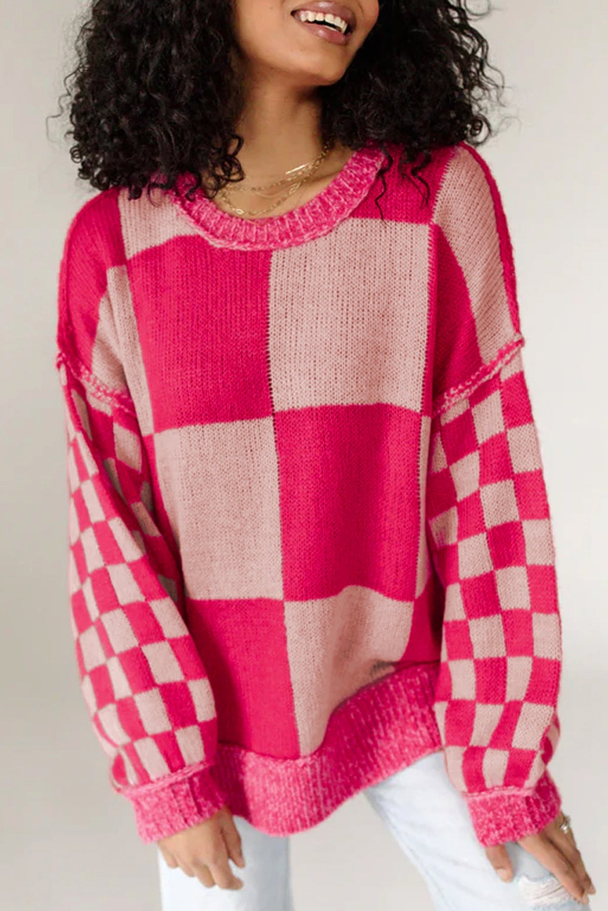 Rose Red Mixed Checkered Pattern Drop Shoulder Loose Sweater - enhanced image 1