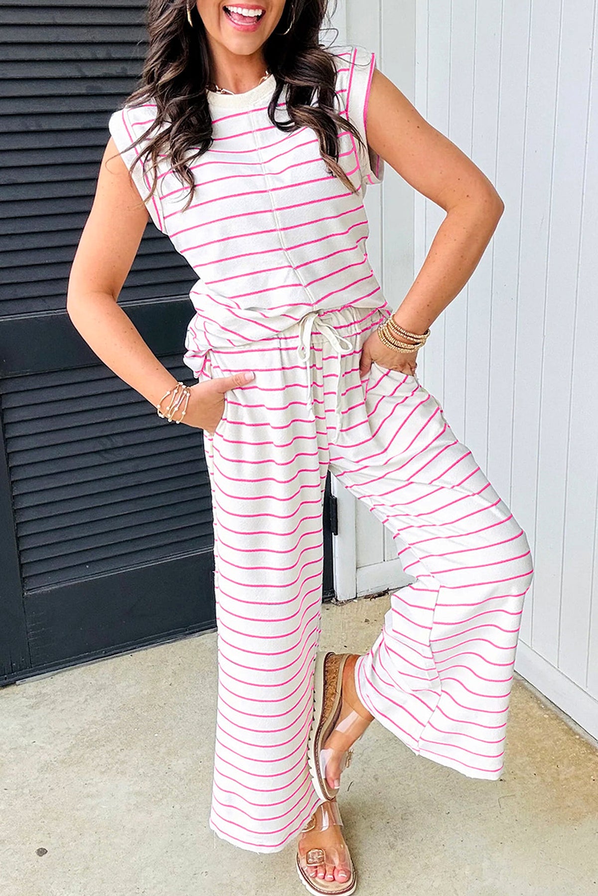 Rose Stripe Casual Wide Leg 2pcs Pants Set - enhanced image 1