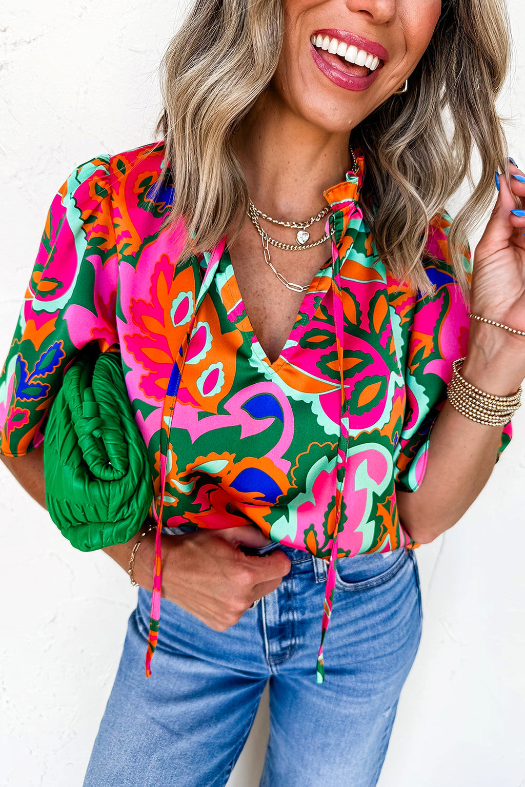 Rose Summer Plant Print Lace up V Neck Short Sleeve Blouse - enhanced image 1