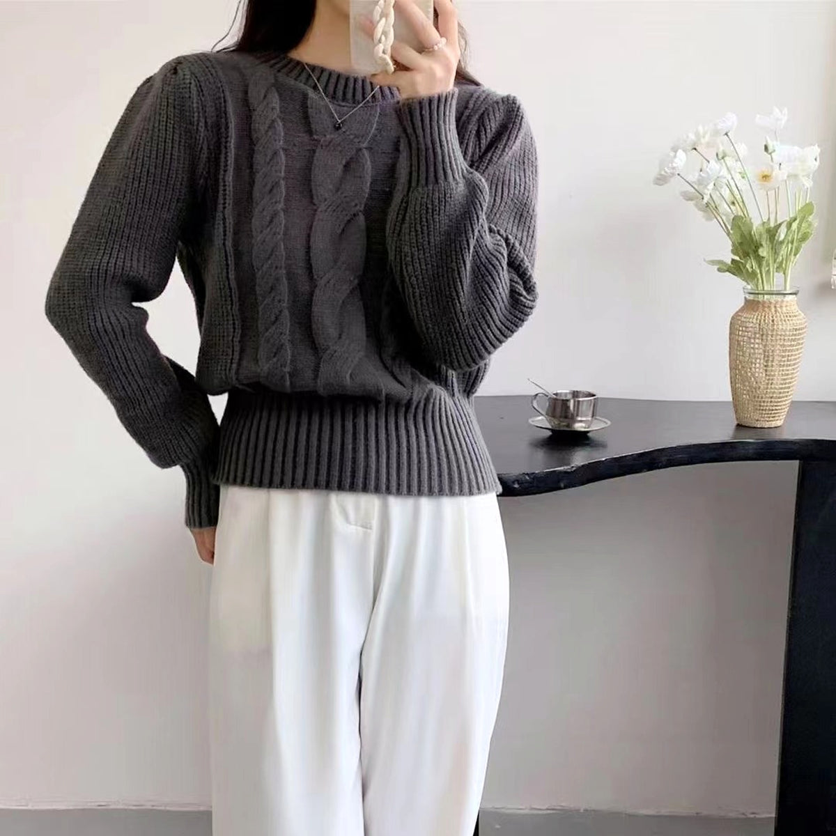 Round Neck Lantern Sleeve Cable-knit Sweater - enhanced image 1