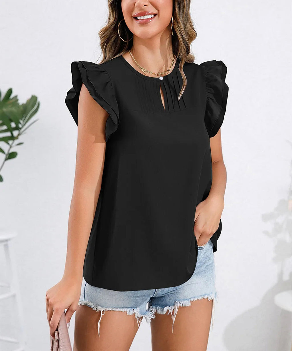 Ruffle Cap Sleeve Round Neck Blouse - enhanced image 1