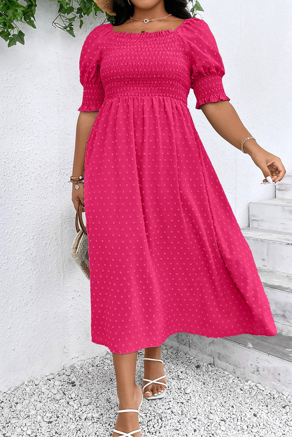 Sachet Pink Swiss Dot Smocked Frilled Neckline Short Sleeve Plus Size Dress - enhanced image 1
