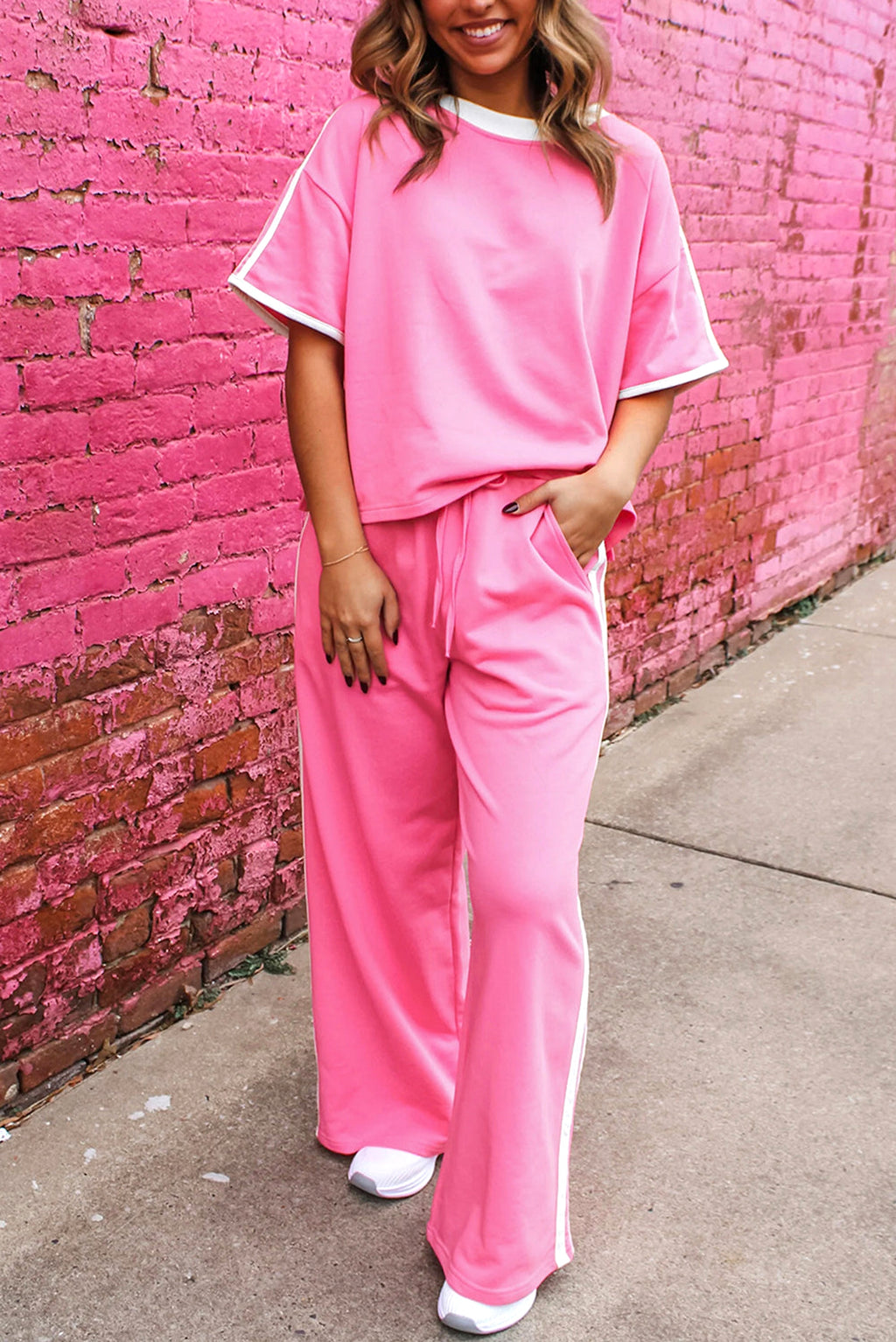 Sachet Pink Varsity Stripe Detail Casual Tee and Pants Leisure 2pcs Set - enhanced image 1
