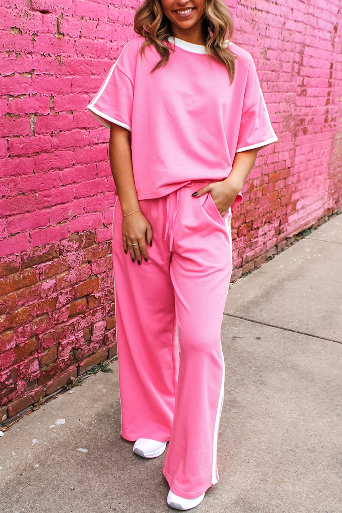 Sachet Pink Varsity Stripe Detail Casual Tee and Pants Leisure 2pcs Set - enhanced image 1
