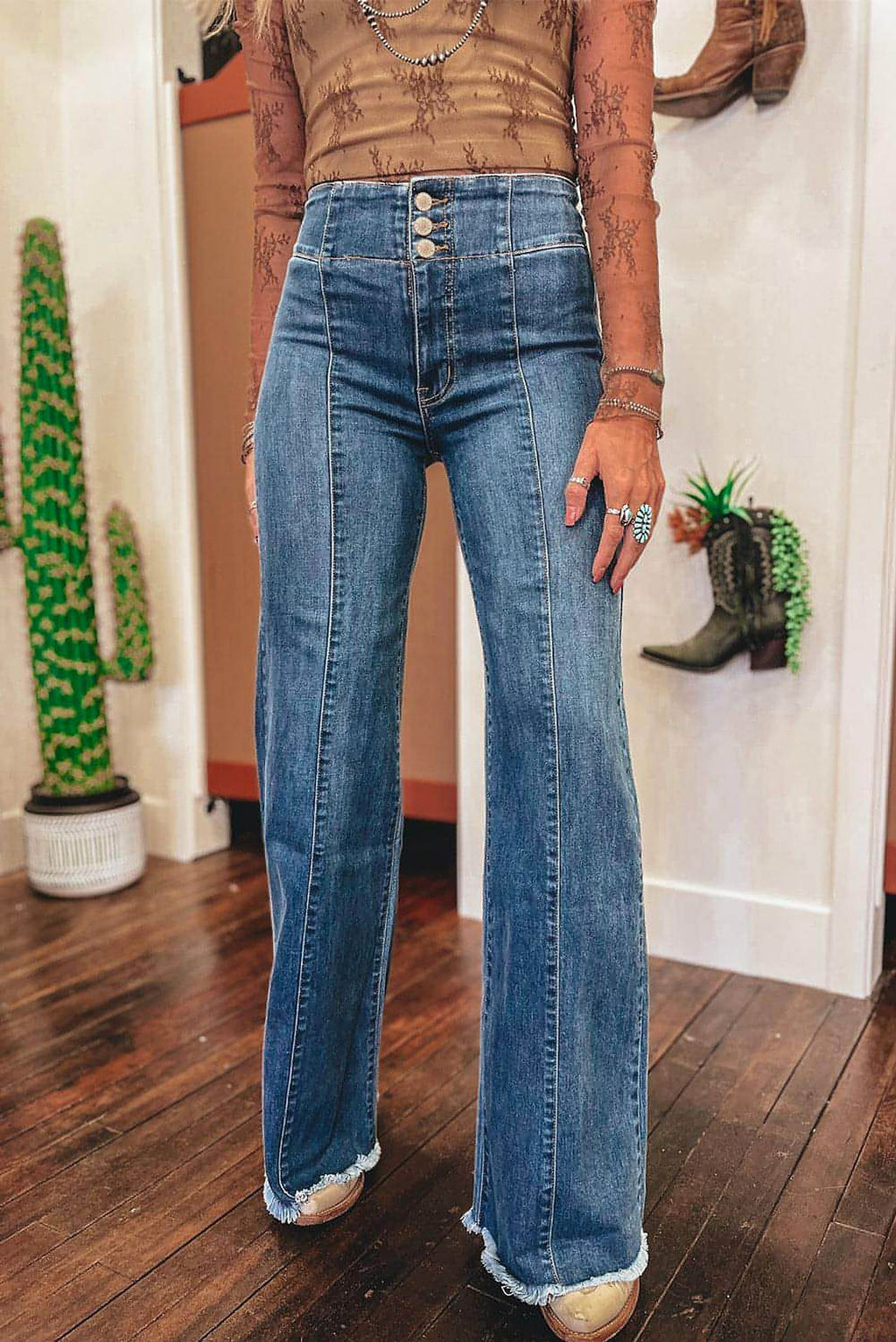 Sail Blue High Waist Button Fly Seamed Raw Hem Flare Jeans - enhanced image 1