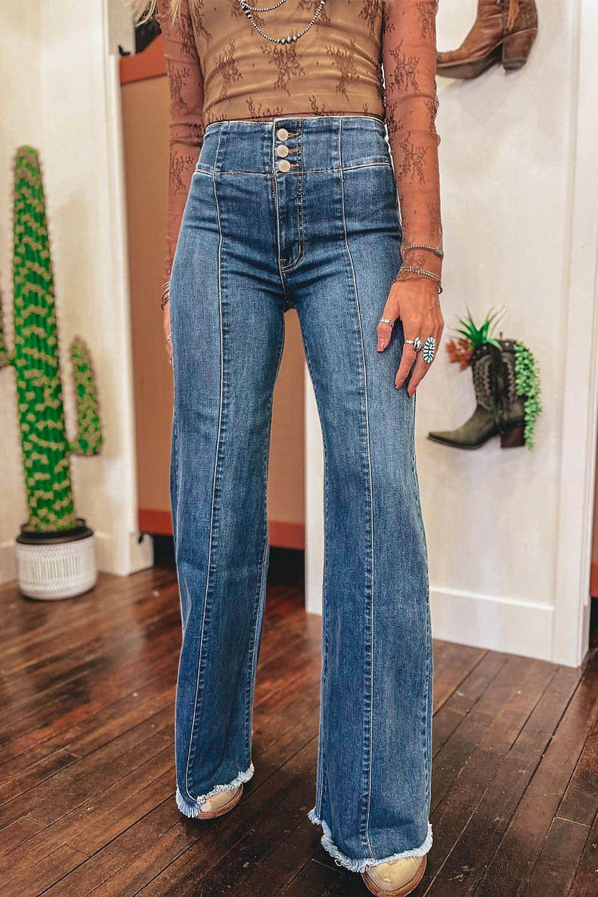 Sail Blue High Waist Button Fly Seamed Raw Hem Flare Jeans - enhanced image 1