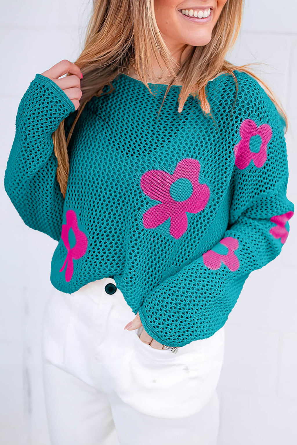 Sea Green Big Flower Hollowed Knit Drop Shoulder Sweater - enhanced image 1