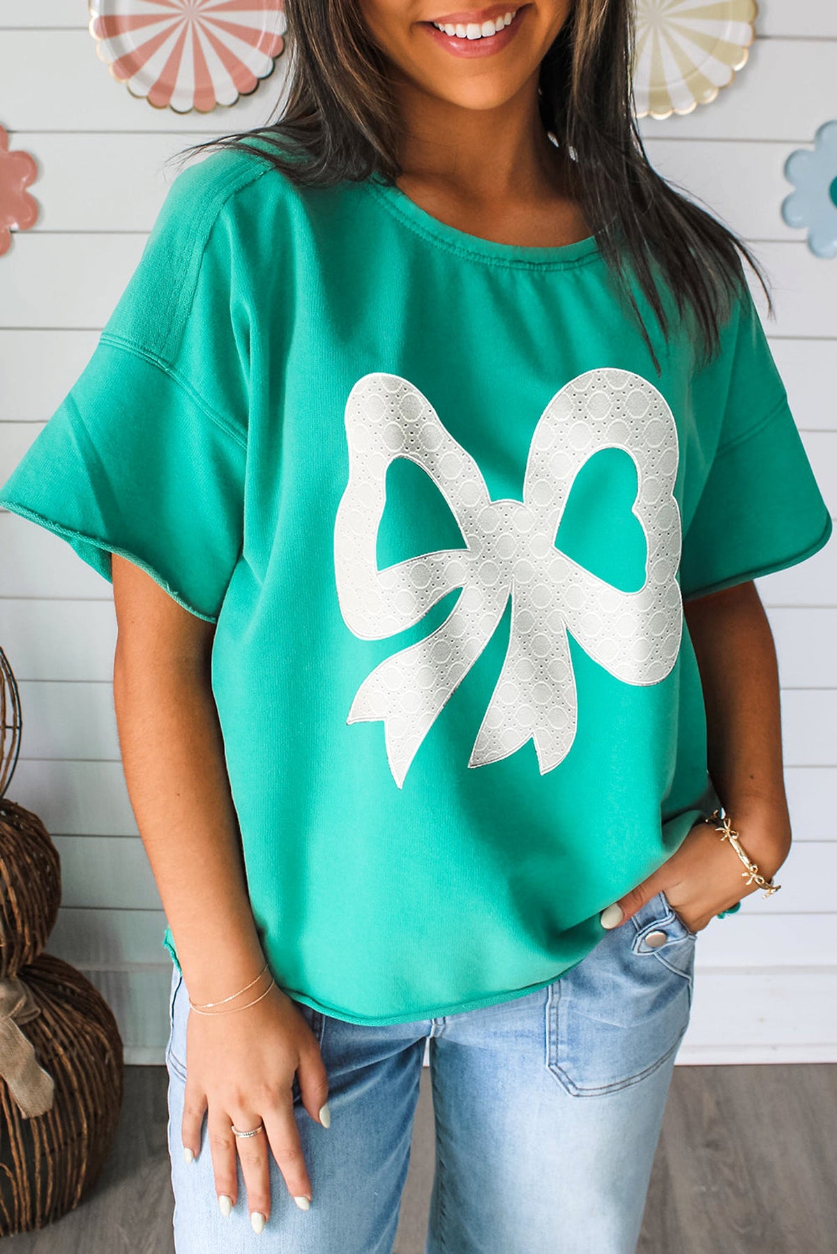 Sea Green Lace Bow Raw Edge Drop Shoulder Casual T Shirt - enhanced image 1