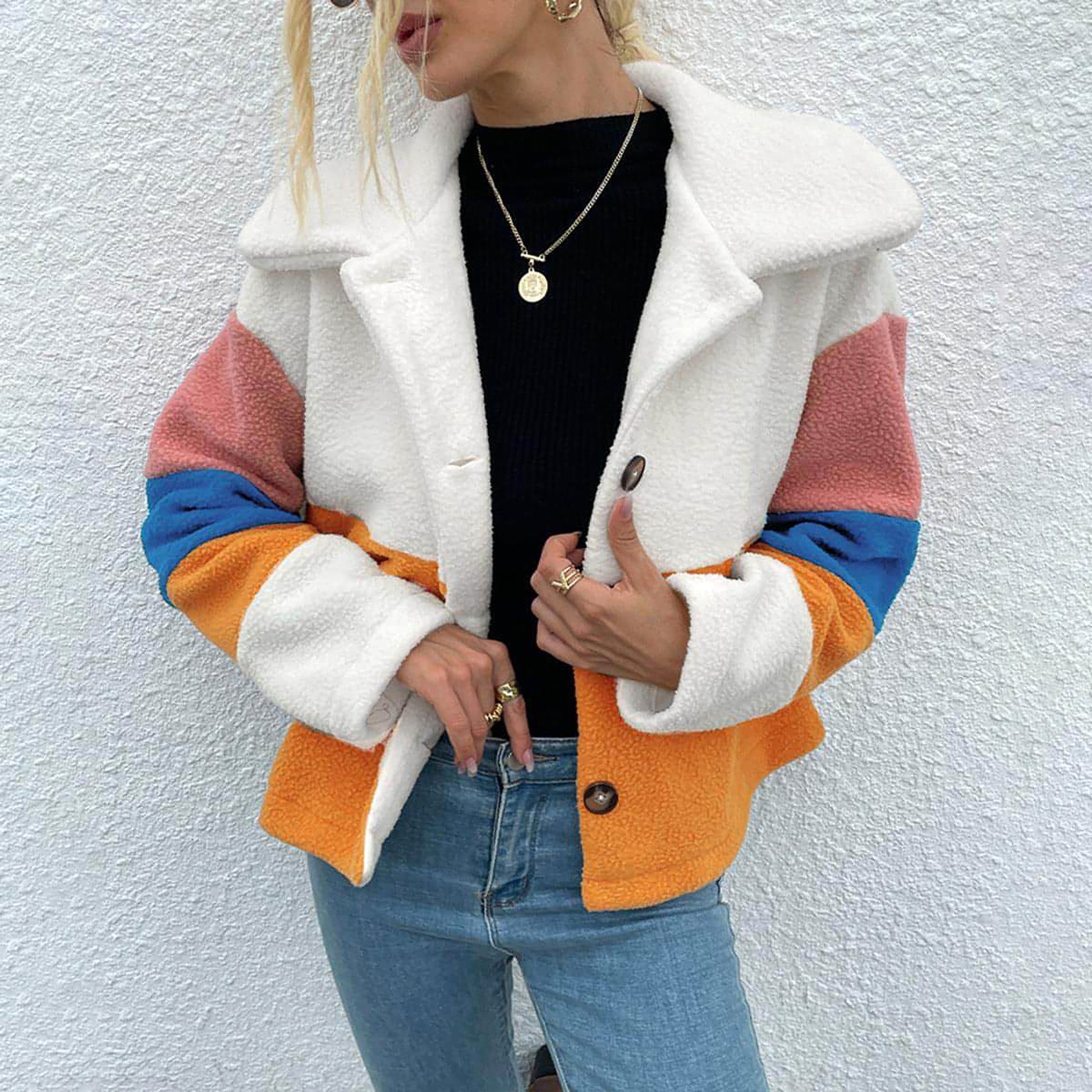 Shiny Color Block Button Down Collared Jacket - enhanced image 1
