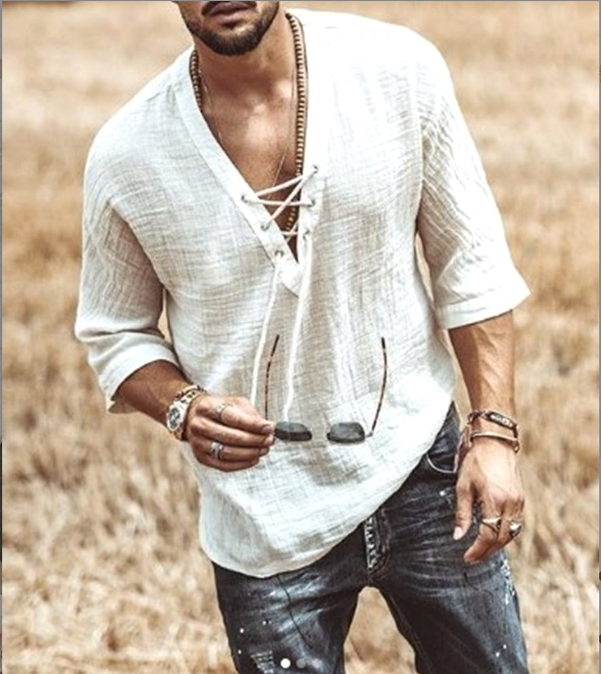 Men’s Lace-Up Linen Shirt – Casual Vintage Look, Short Sleeves - enhanced image 1