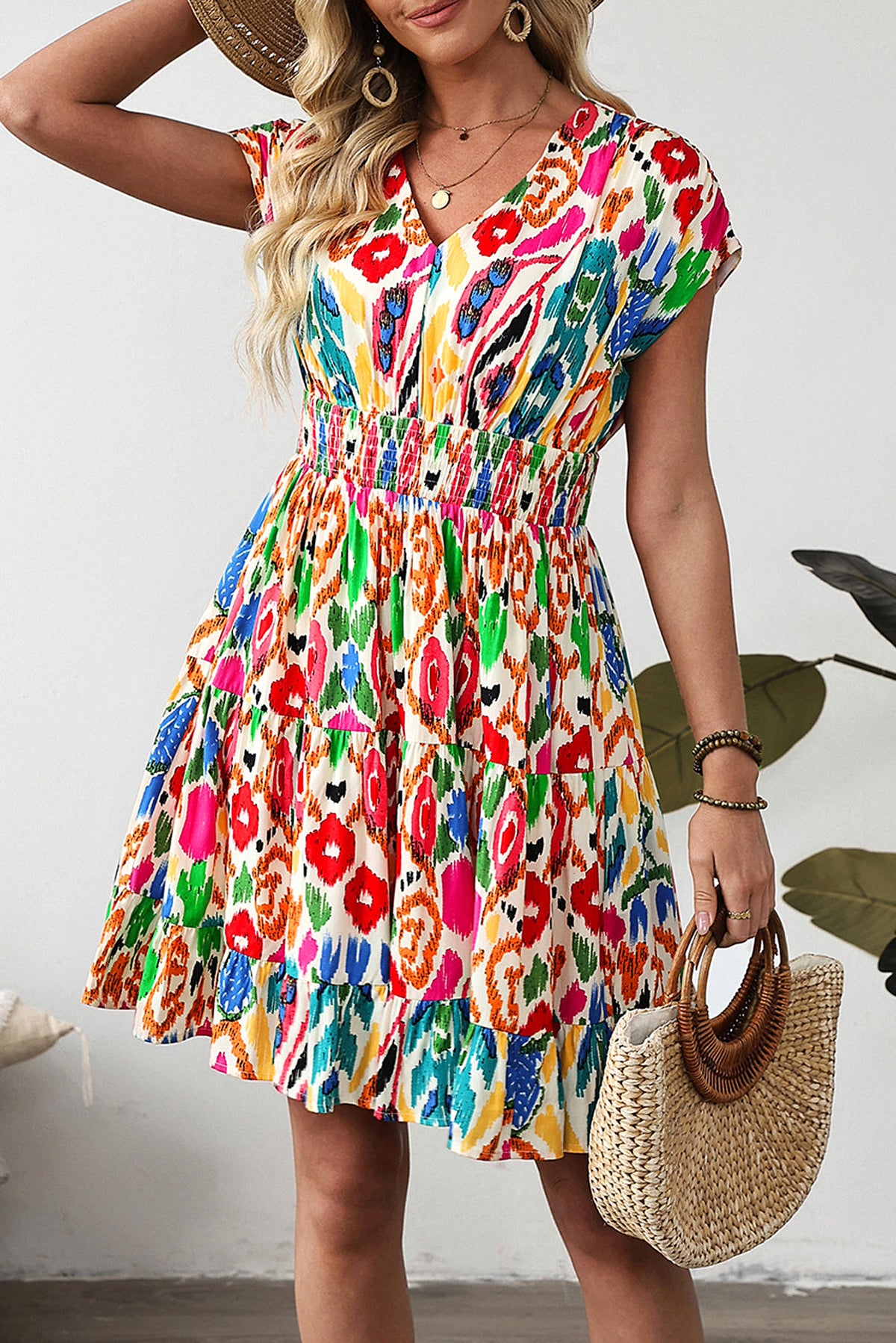Sky Blue Abstract Print V Neck Dolman Sleeve Ruffle Tiered Mini Dress - enhanced image 1