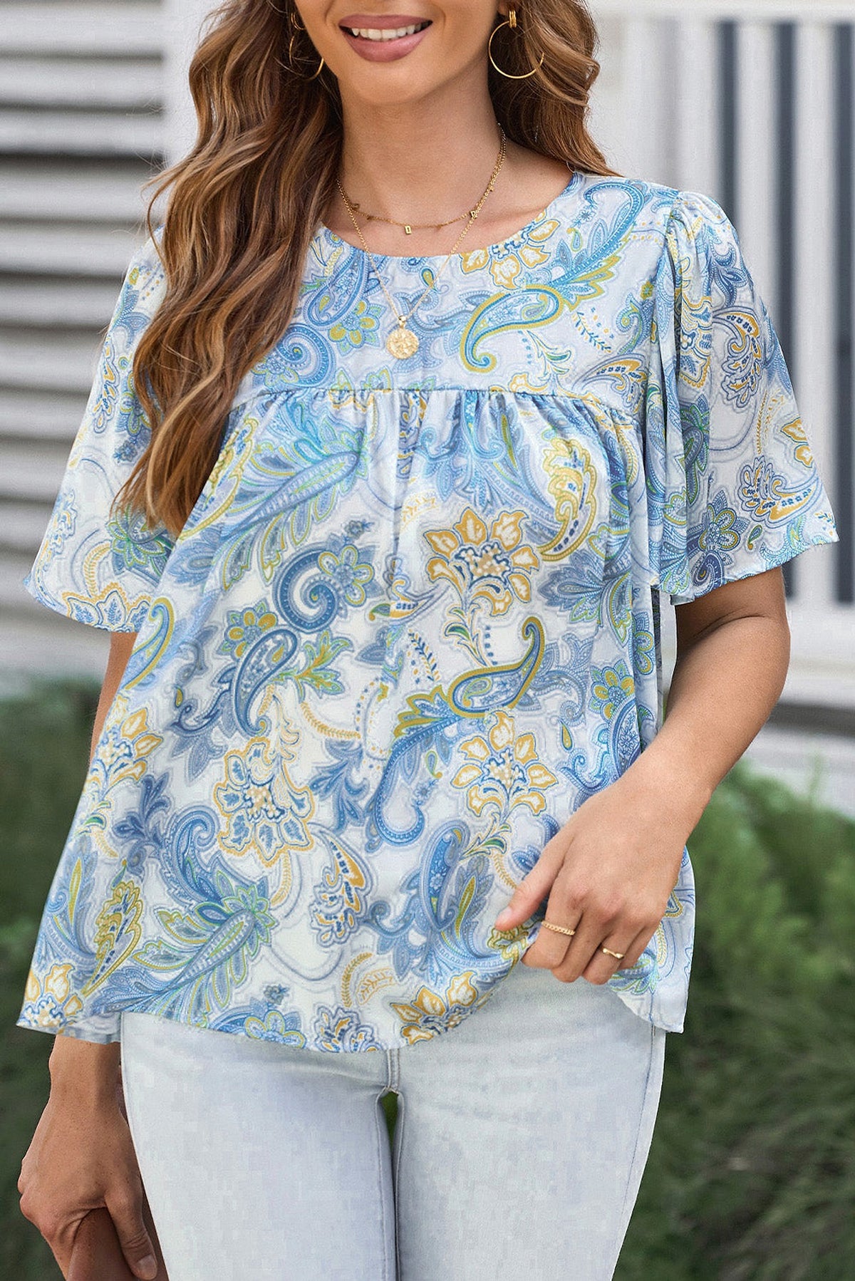 Sky Blue Paisley Print Wide Sleeves Loose Blouse - enhanced image 1