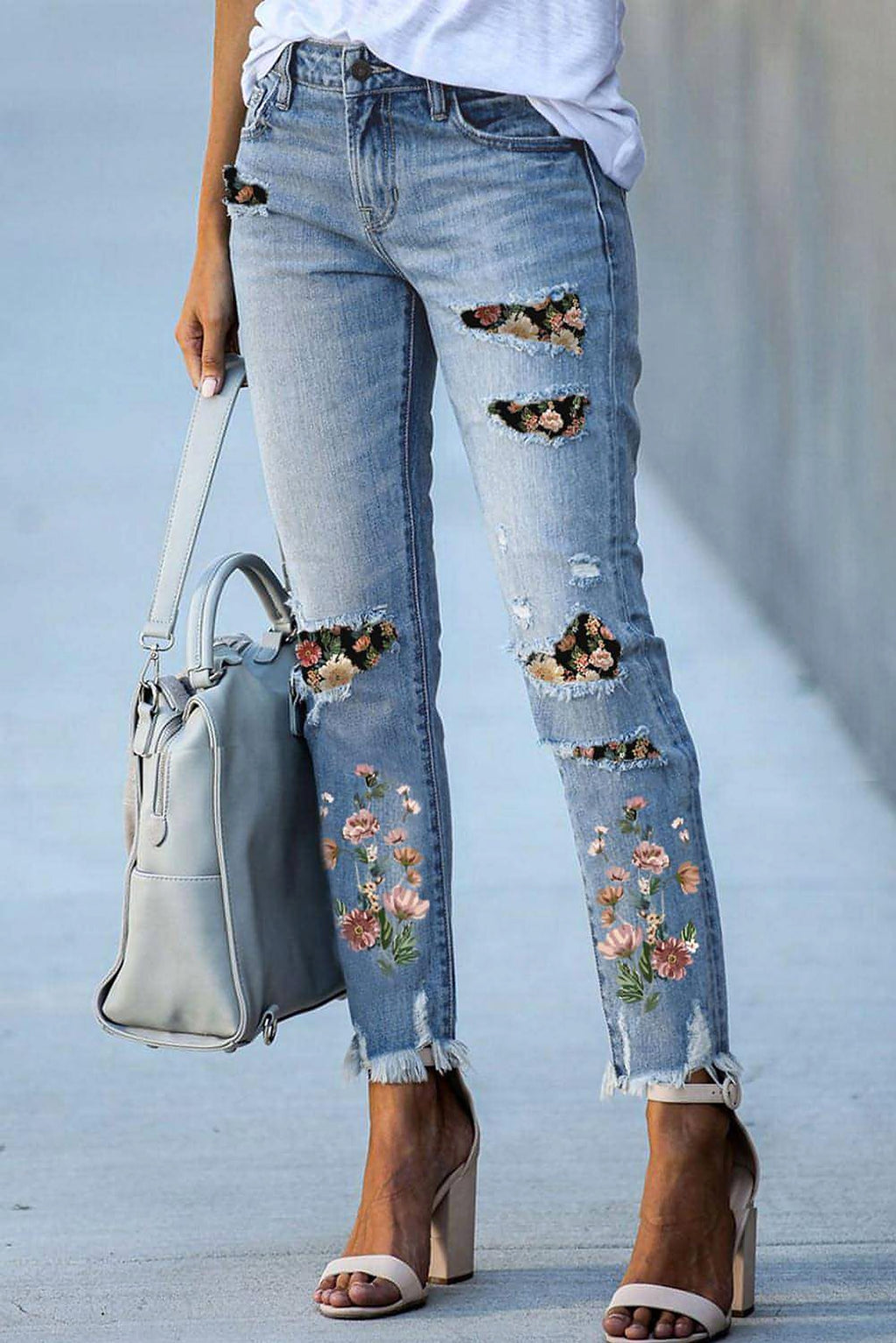 Sky Blue Printed Patch Ripped Skinny Jeans - enhanced image 1