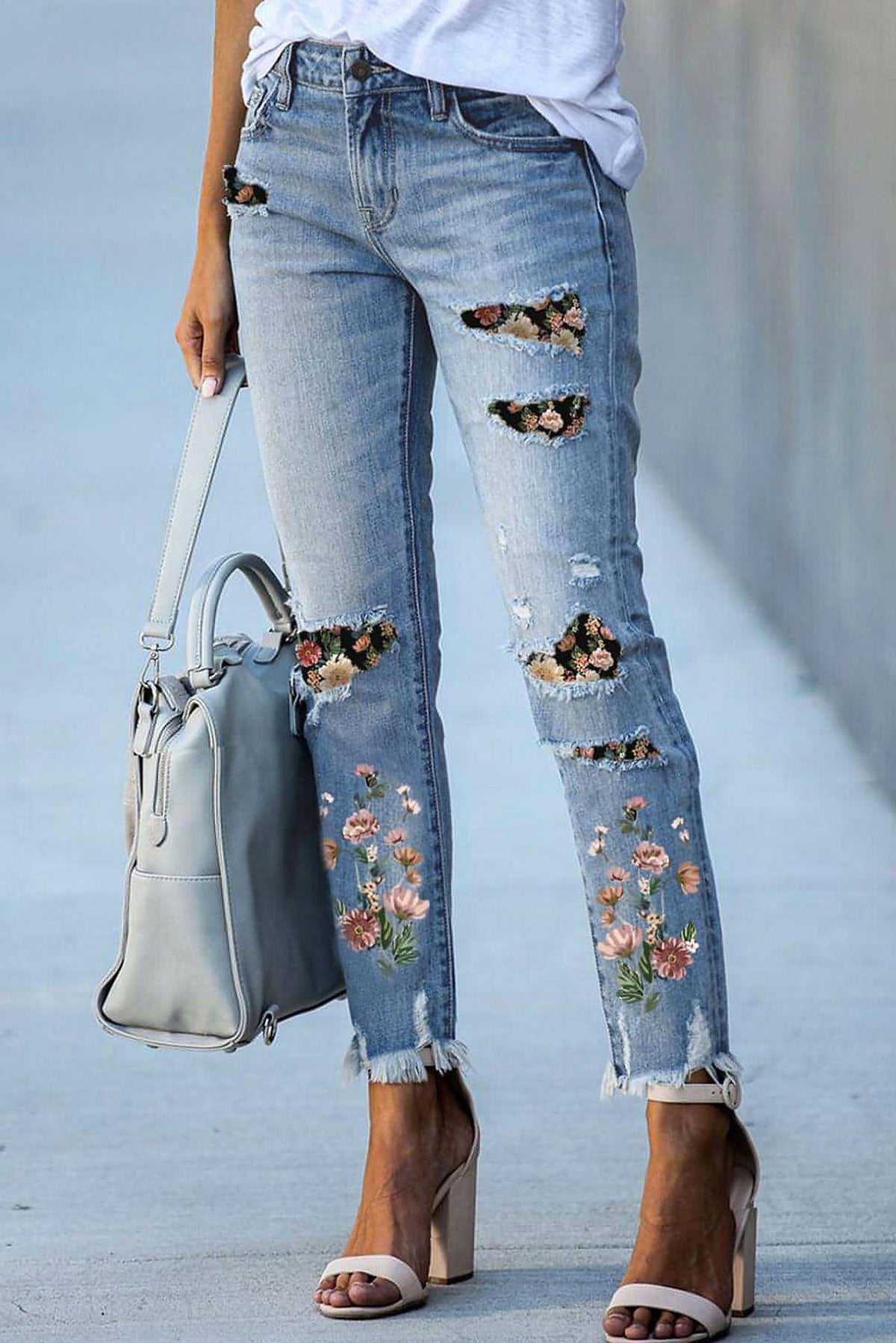 Sky Blue Printed Patch Ripped Skinny Jeans - enhanced image 1