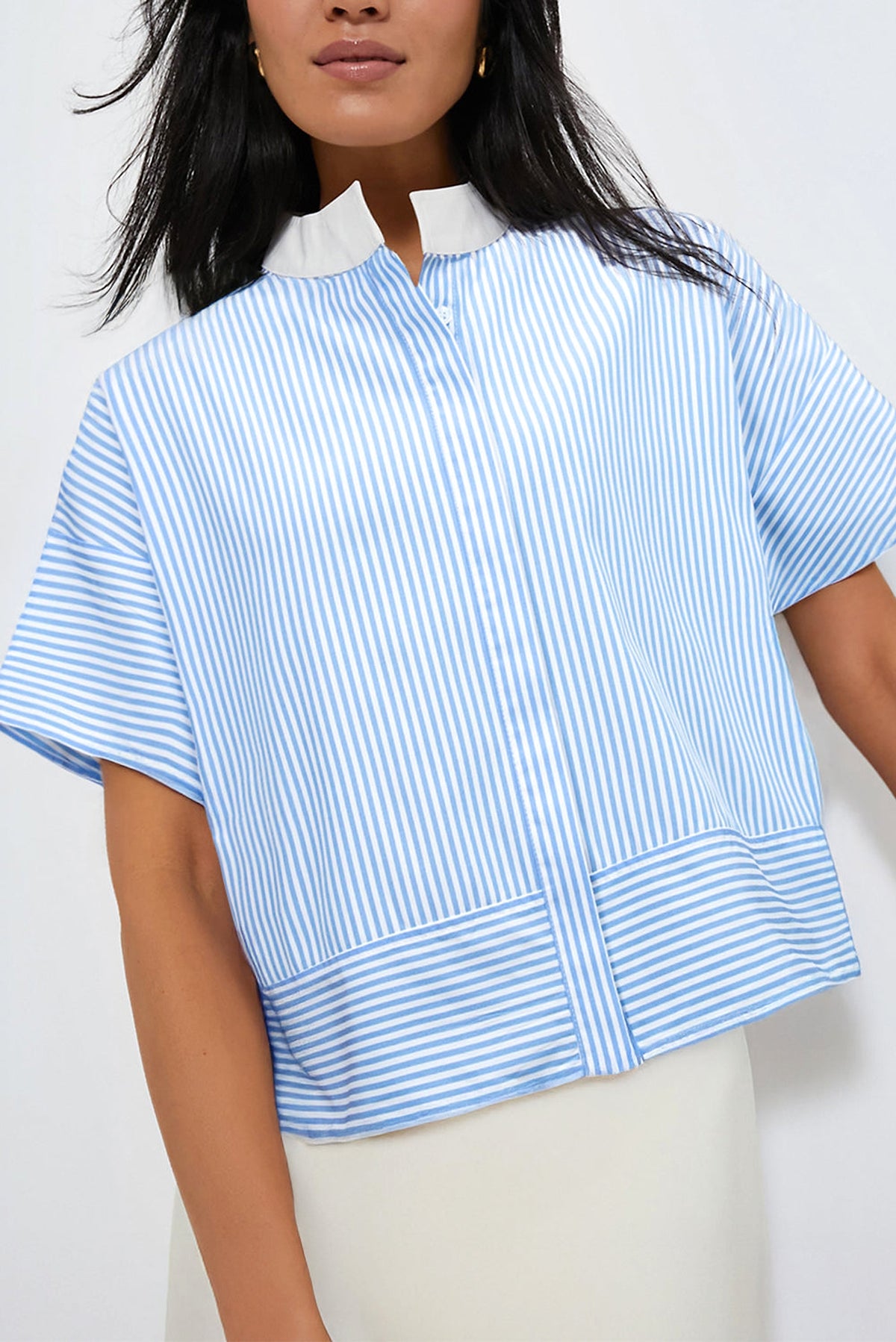 Sky Blue Stripe Contrast Collar Patchwork Hidden Button Short Sleeve Summer Shirt - enhanced image 1