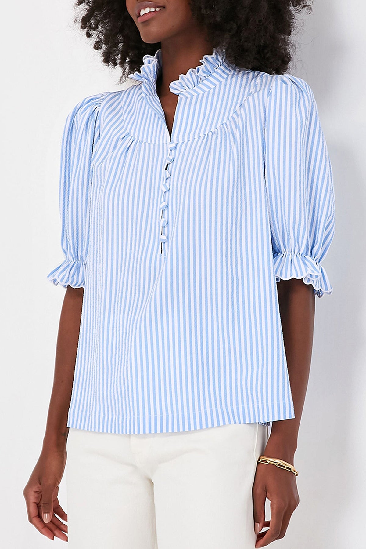 Sky Blue Stripe Ruffled Collar Puff Sleeve Half Buttons Blouse - enhanced image 1