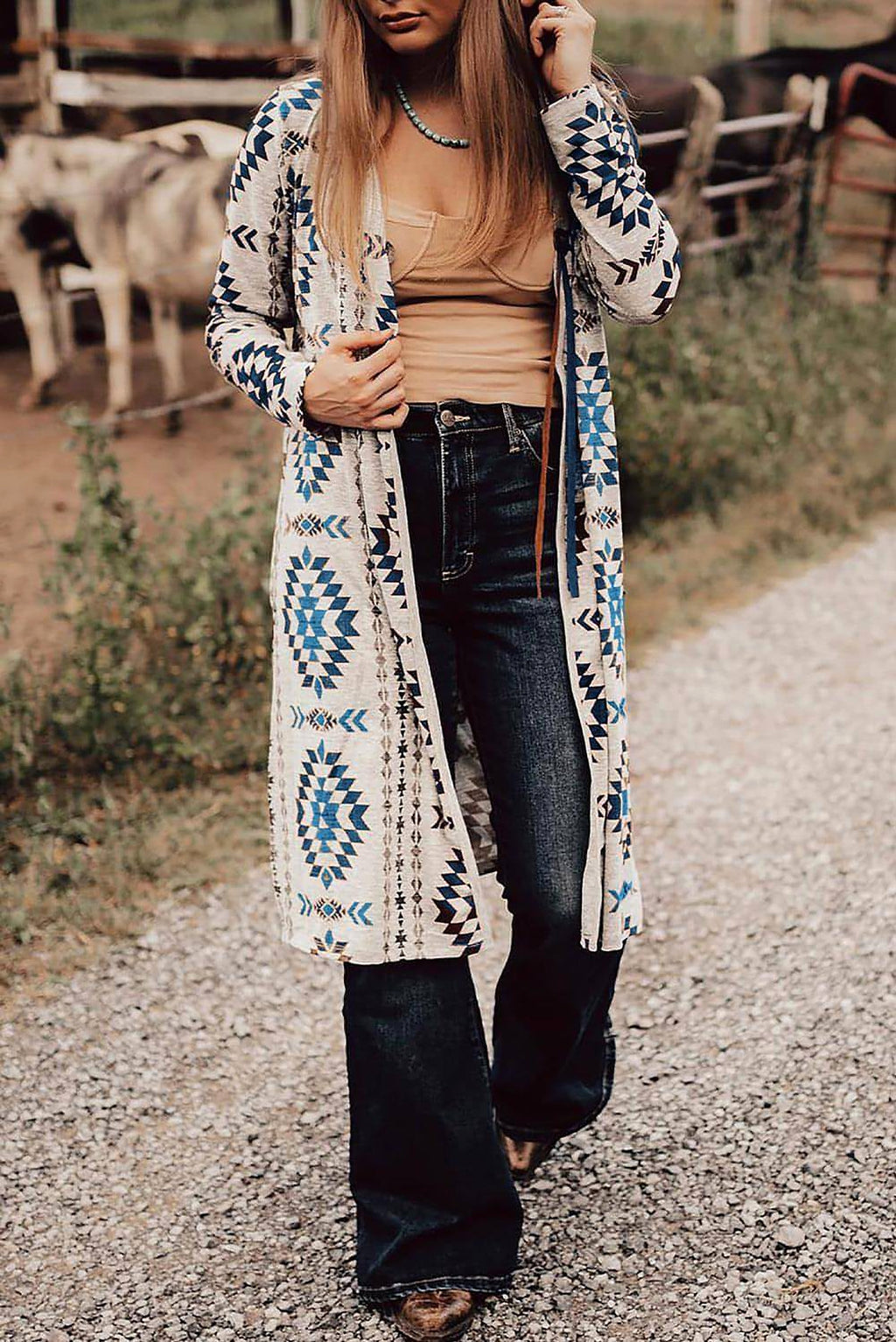 Sky Blue Western Aztec Printed Open Front Long Cardigan - enhanced image 1